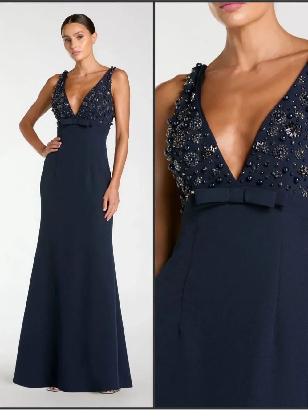 NWOT Mac Duggal 2278 Navy Sleeveless Embellished Crepe Gown With Bow Size 4
